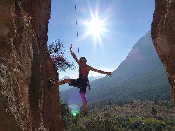 Robin lowering off a climb. All of these climbs are STEEP!