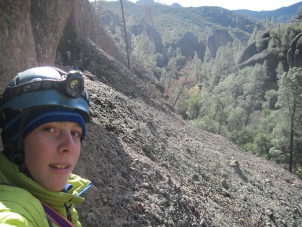 Me climbing the traverse with hunter belayen