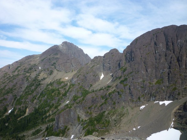 Looking back up at our descent off Kings from lower in the basin