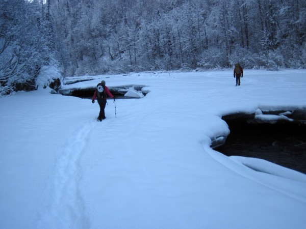 Cindi and Harry hiking on snow atop ice over Hunter Creek &#40;2/16/13...