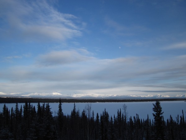 Back on the road to Chickaloon - moon and mountains.