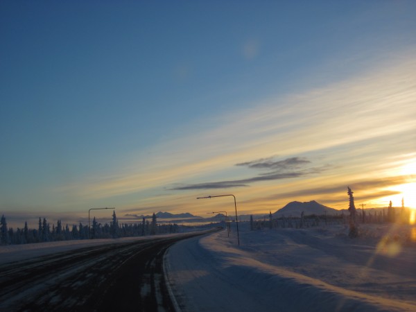 Nearer yet to sunset. Note the road markers - not just posts on the ro...