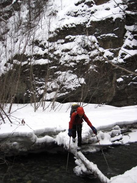 Pole-assisted crossing. Keeping my crampons on helped, too.