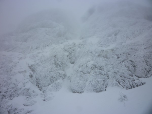 Mixed rock and ice step between the upper and lower gullies