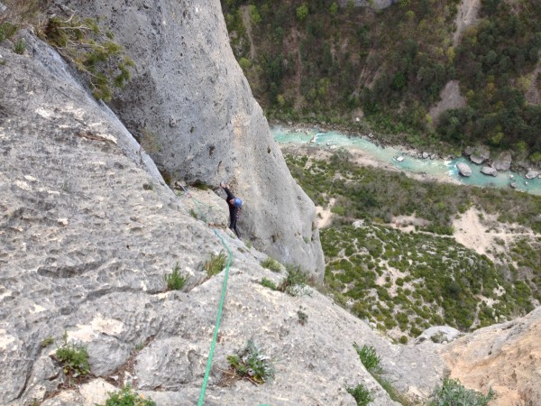 Loz pulling the overhang on pitch eight. He dislodged a flake on the t...