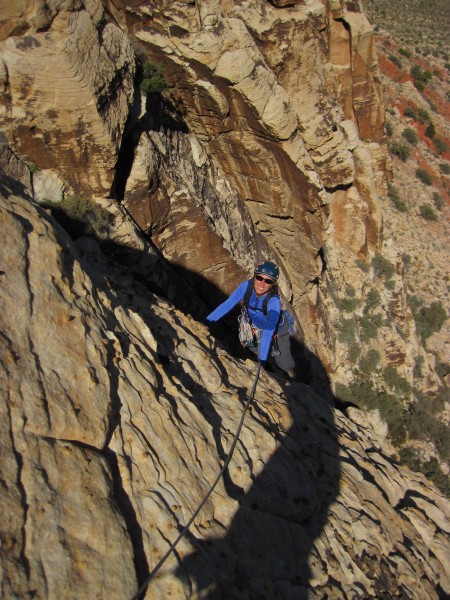 Cindi just over the roof on the 3rd pitch of Johnny Vegas.