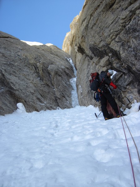 A happy climber just below the Narrows - some 500' of 50 to 60 degree ...