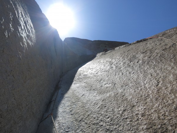 Looking up at the crux pitch 8.