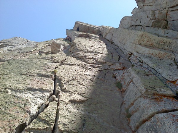 Looking up pitch two at Hayden pulling around almost to the belay.