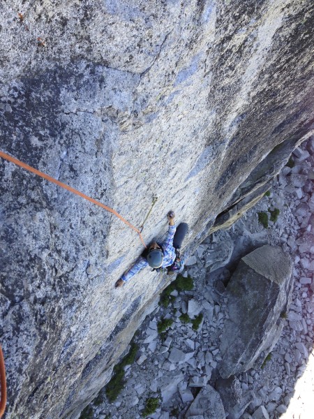 my friend Cherie following the crux 5.10d face pitch on OZ on Drug Dom...