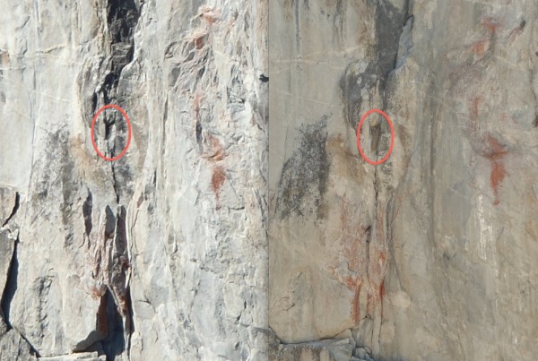 A distant before &#40;left&#41; and after &#40;right&#41; view of the block that fell.