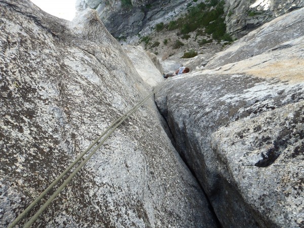 Looking down at the exposure and solid rock from the fourth belay.