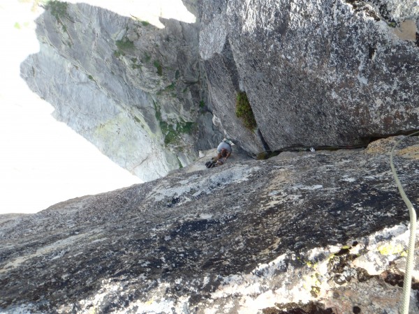 Looking down from the summit at the short fifth pitch.