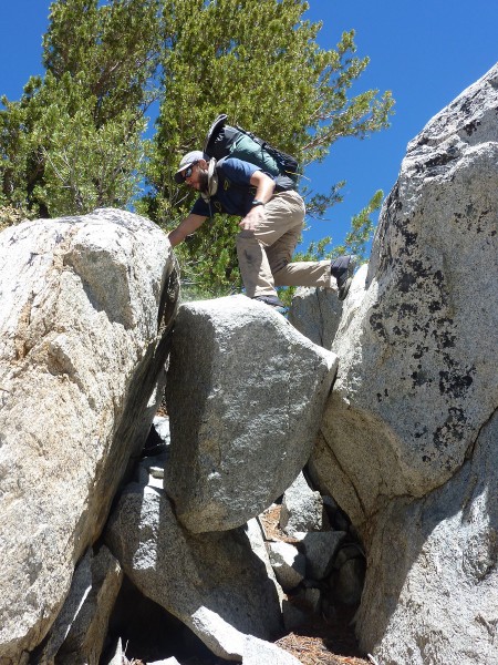 Toby moving over a chockstone... Raiders of the Lost Ark opening scene...