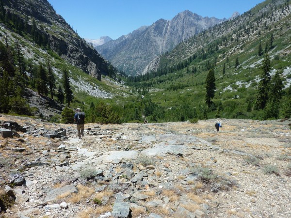 Joining up with the old John Muir trail and looking down toward the Mi...