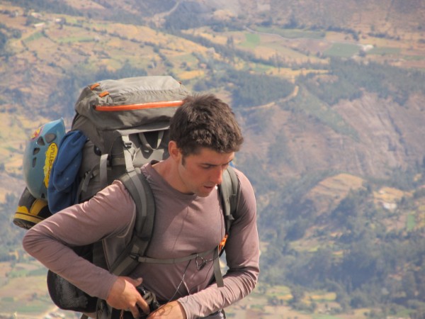 Vitaliy hikes up to the refugio with Musho behind.