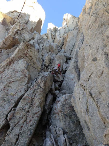 Aaron downclimbing Darwin chutes.