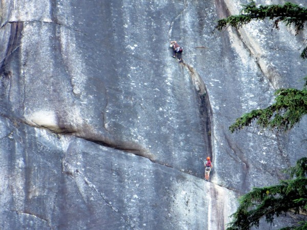 Drew headed up the first crux pitch on Freeway.