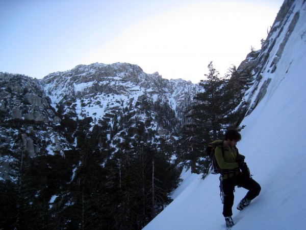 Showing how steep the first pitch was.  We climbed the right facing di...