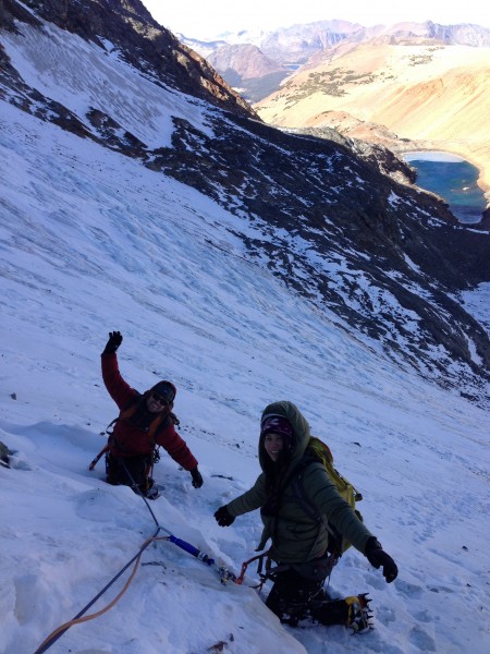 Eloise and Will at the base of the bergschrund on dana couloir