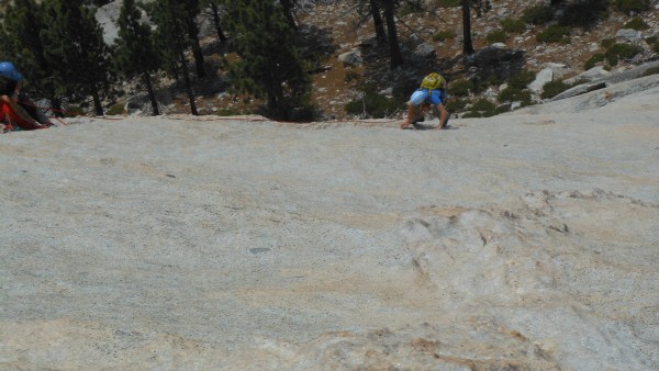 Bronwen approaching Loz at the top of the second pitch.