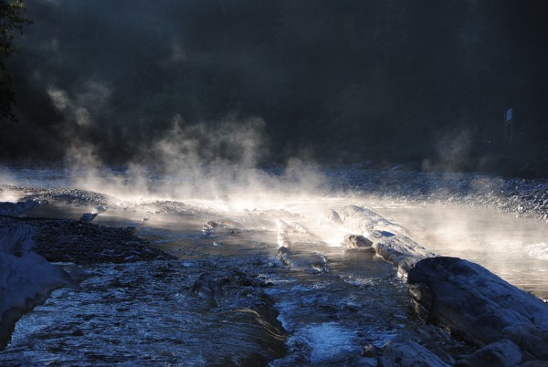 Steam rising on the river in Las Adjuntas in the morning.