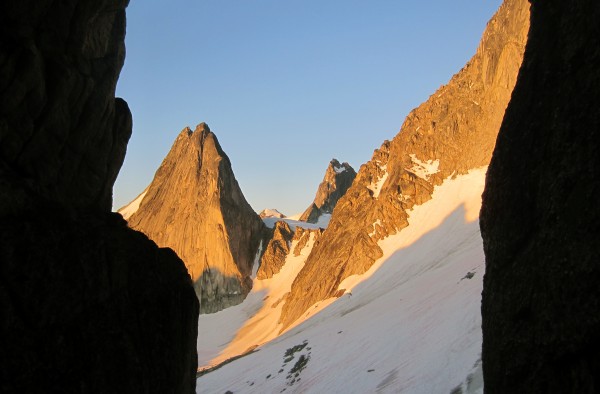 2013-08-03 - Alpenglow on Snowpatch, Pigeon, and Bugbaboo Spire seen f...