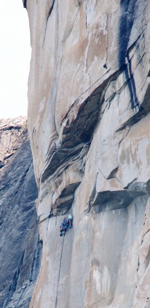 Gear exchange just below the Roof.  The route follows the crack slight...