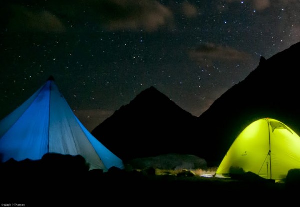 Night shot of our campsite with Merriam and Royce behind.