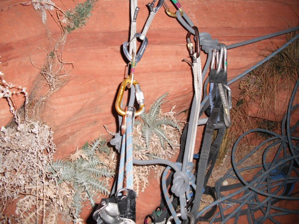 Belay cluster on Earth Orbit Ledge. I'm hauling off a pseudo-equalized...