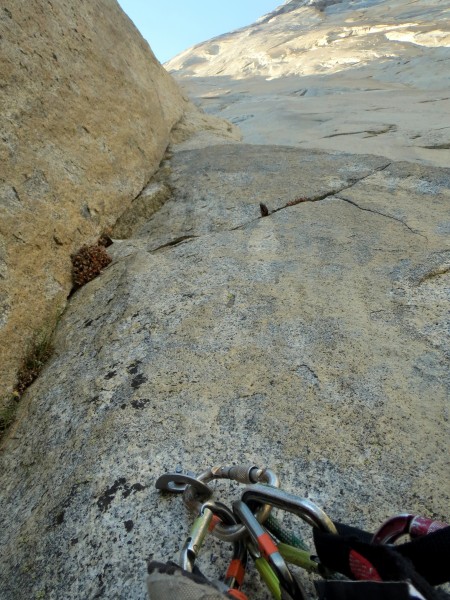 Looking up at Pitch 5 from belay, New Dawn