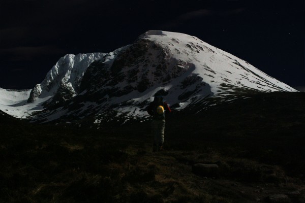 Moonlight illuminating Ben Nevis, Scotland on a midnight approach.