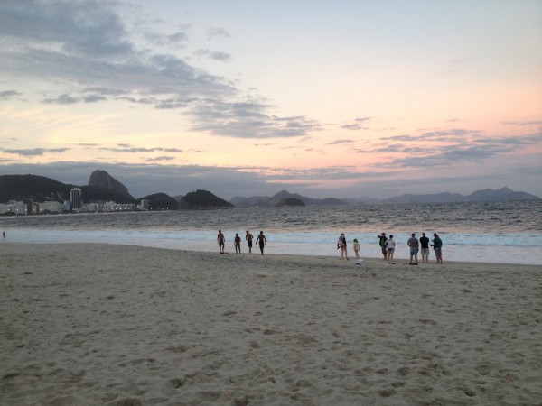 Copacabana beach at sunset, looking toward the Pao da Acucar