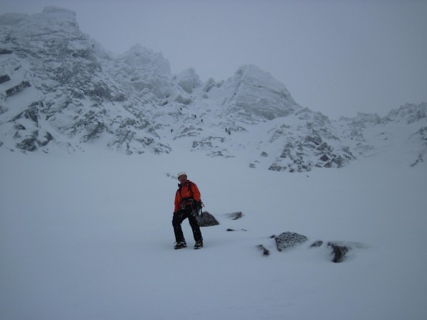 Alan posing below our route &#40;1/28/14&#41;. We were back to Coire A...