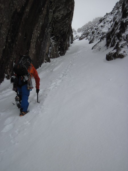 Gwilym heading up Fuselage Gully to access our route &#40;1/29/14&#41;...