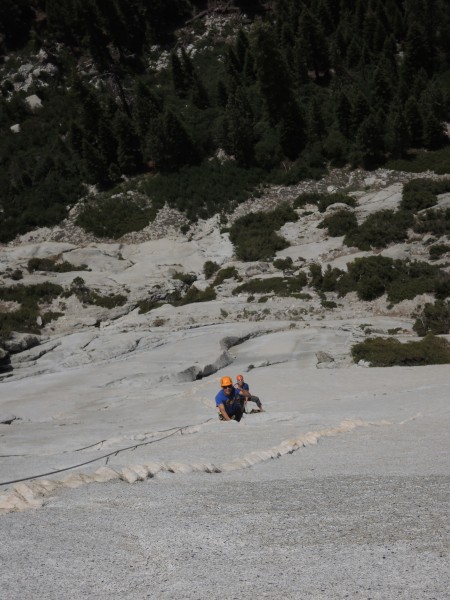 Casey and Luke following the beautiful crystal dike on Pitch 3