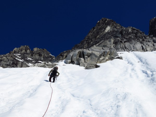 Crossing the bergschrund and the base of the Trolls.