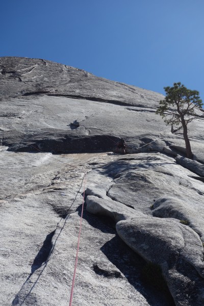 Climbing back down to remove anchors causing rope drag on Pitch 1