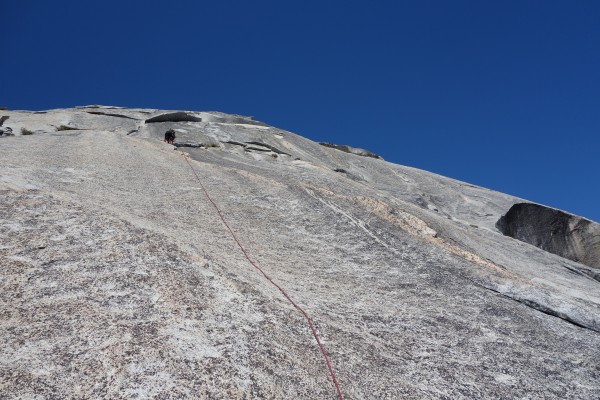 Pitch 6, climbing cracks that are to the right of the anchor