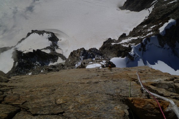 Irina following the pristine headwall &#40;minus that cable tat :&#41;&#41;