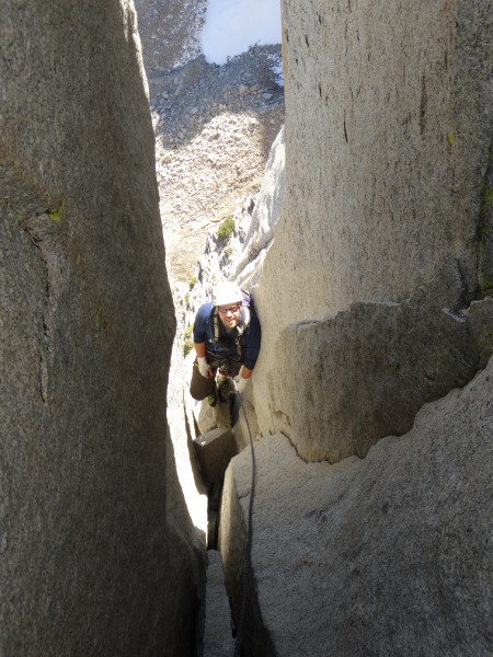 Geoff chimneying behind the detached flake on our P4