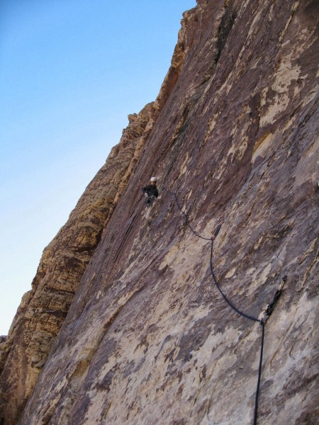Leading the crux traverse