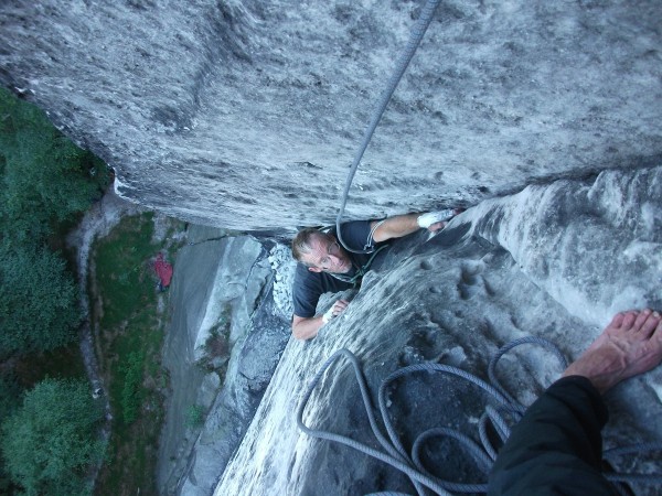 First pitch of a three pitch 5.11 on the Monk