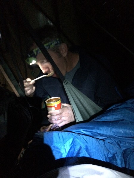 Curt eating one of three cans of Ravioli we brought for the entire cli...