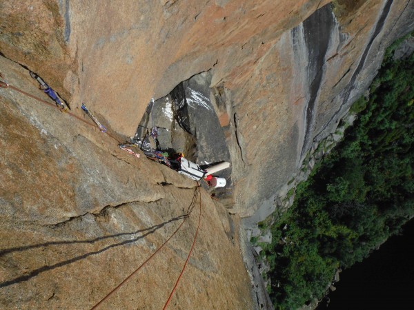 Looking down as I work the first traversing pitch