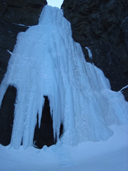 We arrived at the base of the crux, uppermost couple of pitches at fir...