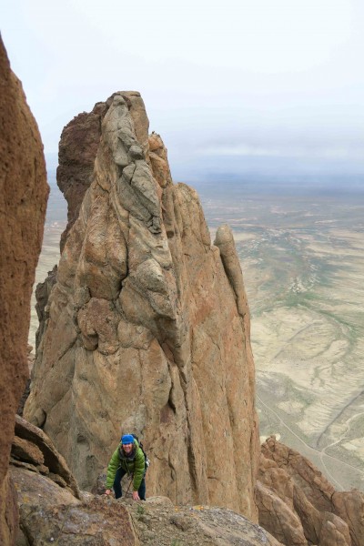 Kate psyched to reach the saddle; the North Summit in the background