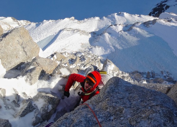 7 pitches of steep mixed climbing on the upper headwall.  Kurt reaches...