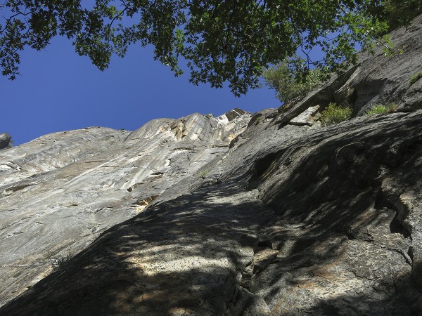 Looking up Higher Cathedral Rock from the base of the route