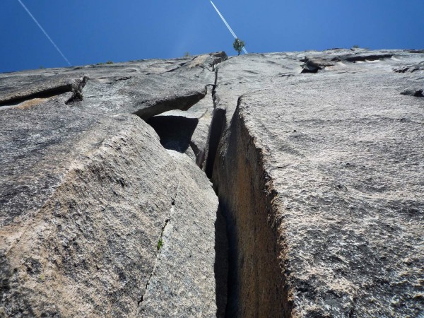 Looking up at pitch 6. Classic 5.10 flared hands with some short wide ...